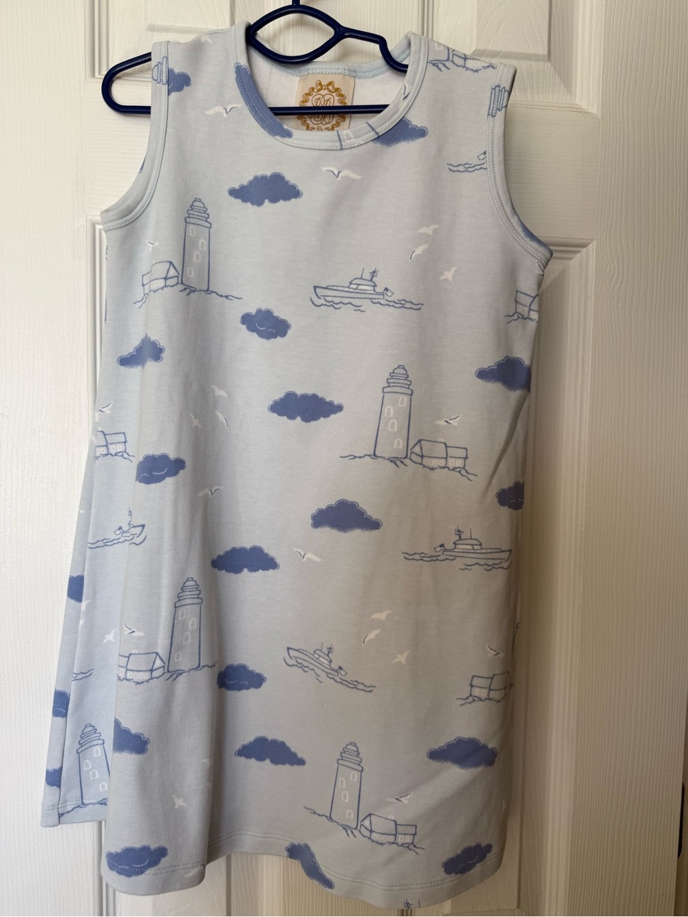The Beaufort Bonnet Company Light Blue Nautical Tank Dress with Blue Motif